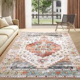 Garvee Boho Vintage 8x10 Area Rug, Machine Washable, Non-Slip, 100% Polyester, Soft & Durable, Distressed Pattern, Living Room & Bedroom - Orange
