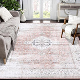 Garvee Large Area Rug 9x12 Vintage Distressed Rug Non Slip Washable Rug Ultra-Thin Soft Rug Stain Resistant Area Rug Low Pile Throw Carpet for Farmhouse Office, Light Orange - Orange