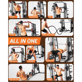 Garvee All-in-One Smith Machine Home Gym – Power Rack, Squat Cage, Dual Lat Pulldown, Cable Crossover & Adjustable Bench – Compact Full-Body Strength Trainer, Red & Black