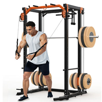 Garvee Power Cage Power Rack with Dual Pulley System Multi-Function Squat Rack with Cable Crossover for Home Gym Black
