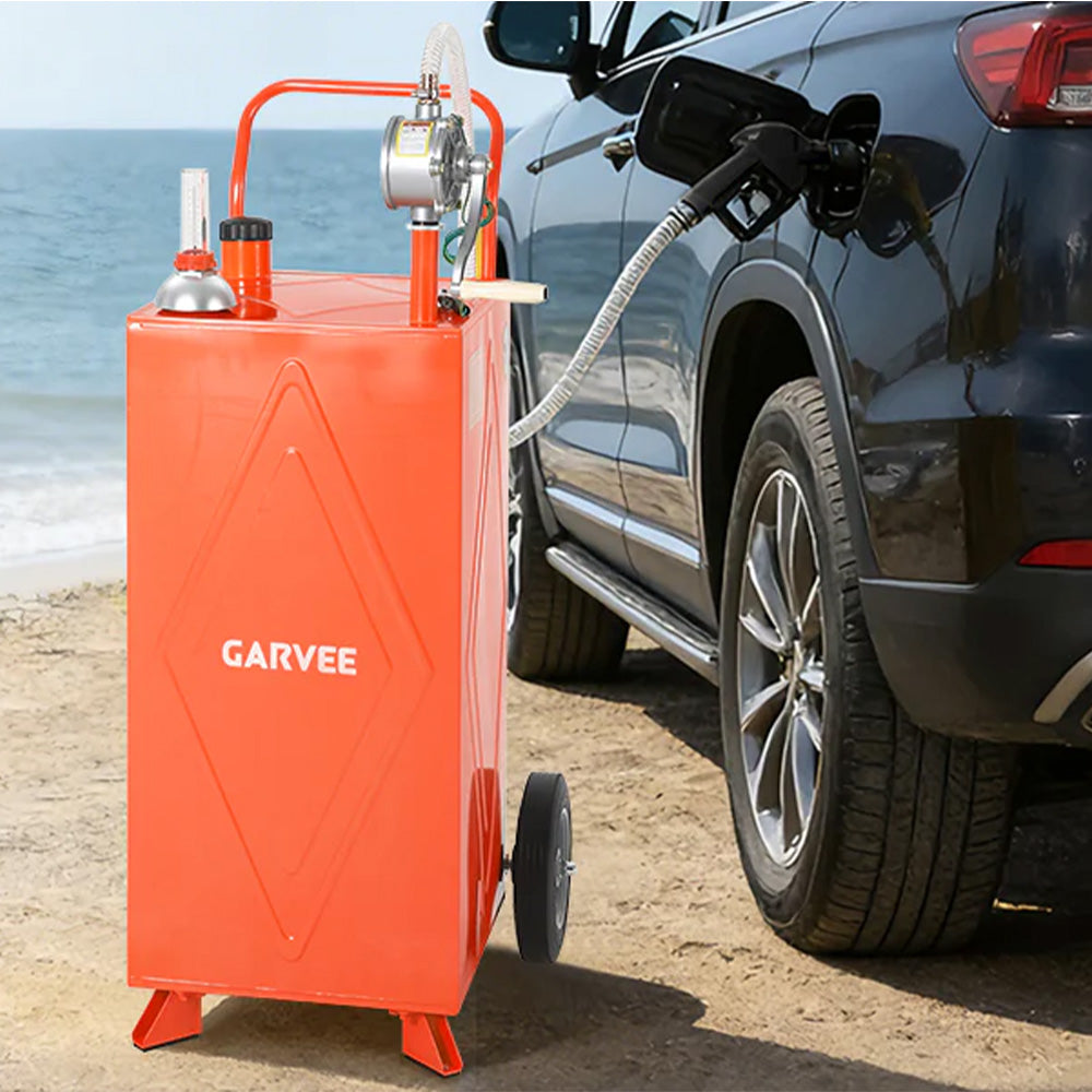 Garvee 30 Gallon Fuel Gas Caddy Storage Tank with Wheels, Reversible Manual Hand Pump, Anti-Static Clamp for ATV, Car, Mower, Tractor, Boat - Portable Gasoline/Diesel Transfer