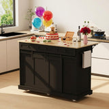 Garvee Rolling Large Kitchen Island Cart with Power Outlet, 3 Drawers, Drop Leaf, Trash Can Storage, Mobile Table, Black - Black
