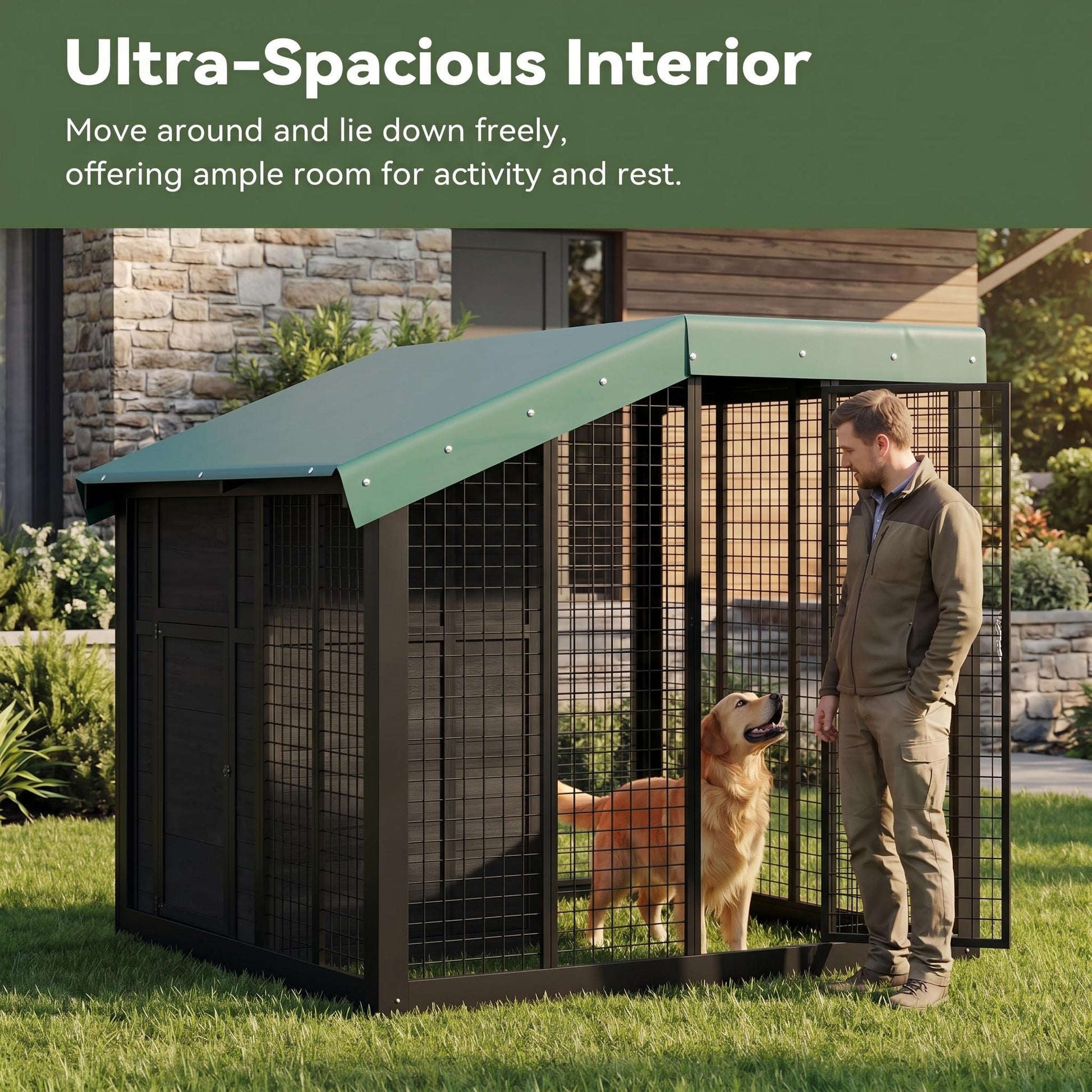 Garvee Large Outdoor Cedar Wood Dog House, Weatherproof Dog Kennel with Roof, Rear Door, Secure Lock & Built-in Storage Outdoor Safe Pet Shelter for Medium to Large Dogs, Black