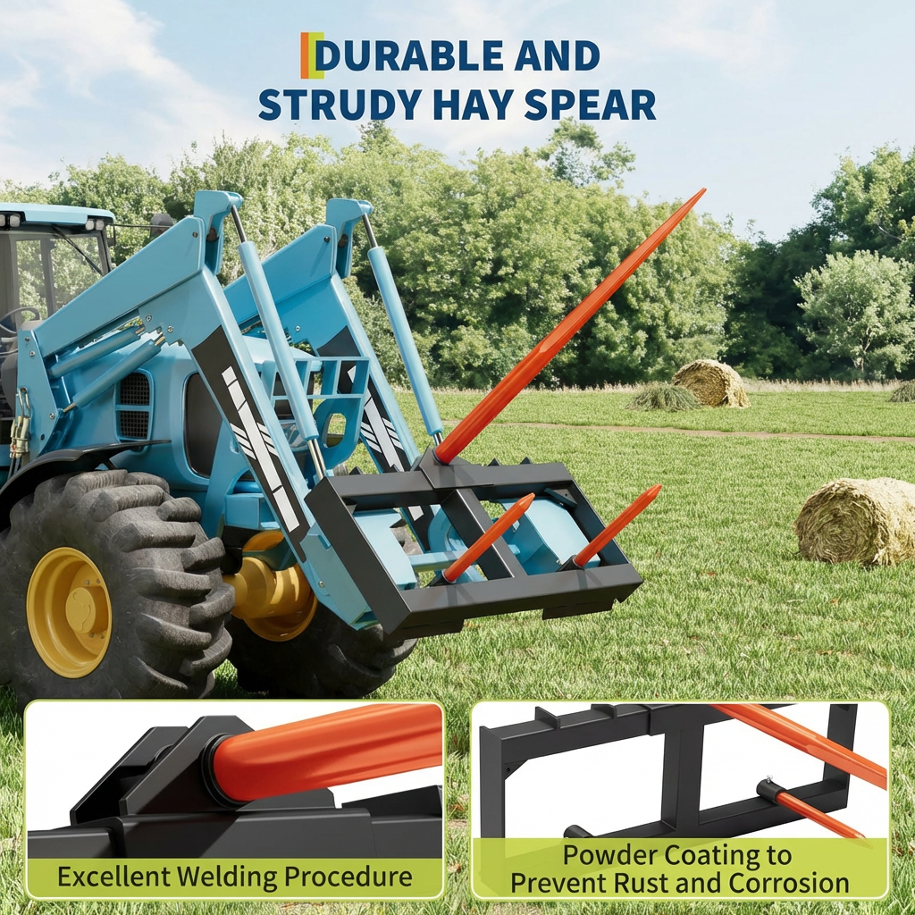 Garvee Heavy Duty 49" Hay Spear Attachment for Skid Steer/Tractor - 3000lbs Capacity, Quick Attach Spike Fork, 1x 49" Spear & 2x 17" Stabilizers, Durable Farm Equipment - Orange Spear + Orange Short Spear