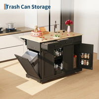 Garvee Rolling Large Kitchen Island Cart with Power Outlet, 3 Drawers, Drop Leaf, Trash Can Storage, Mobile Table, Black