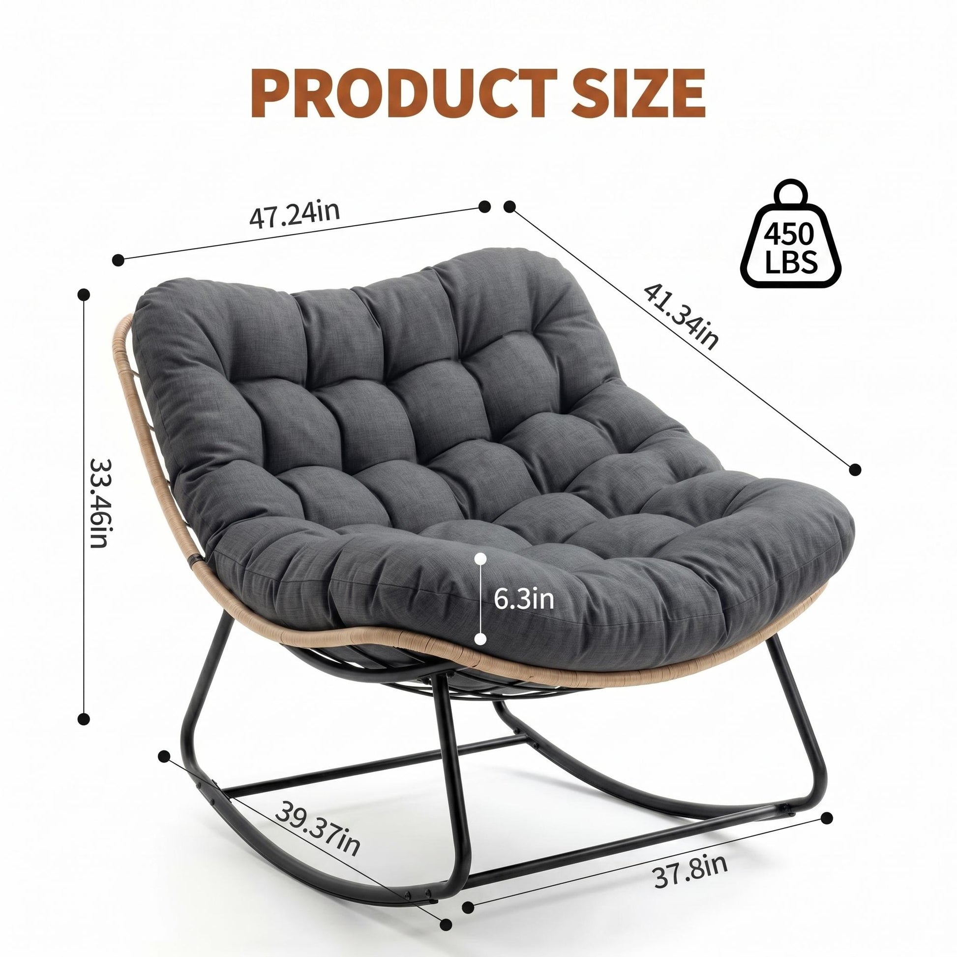 Garvee Rocking Chair with Thick Cushion, 450 LBS Capacity, Heavy Duty Metal Frame Patio Rocker, Curved Leg Wicker Rattan Armchair for Indoor Outdoor Lounge Decking, Gray