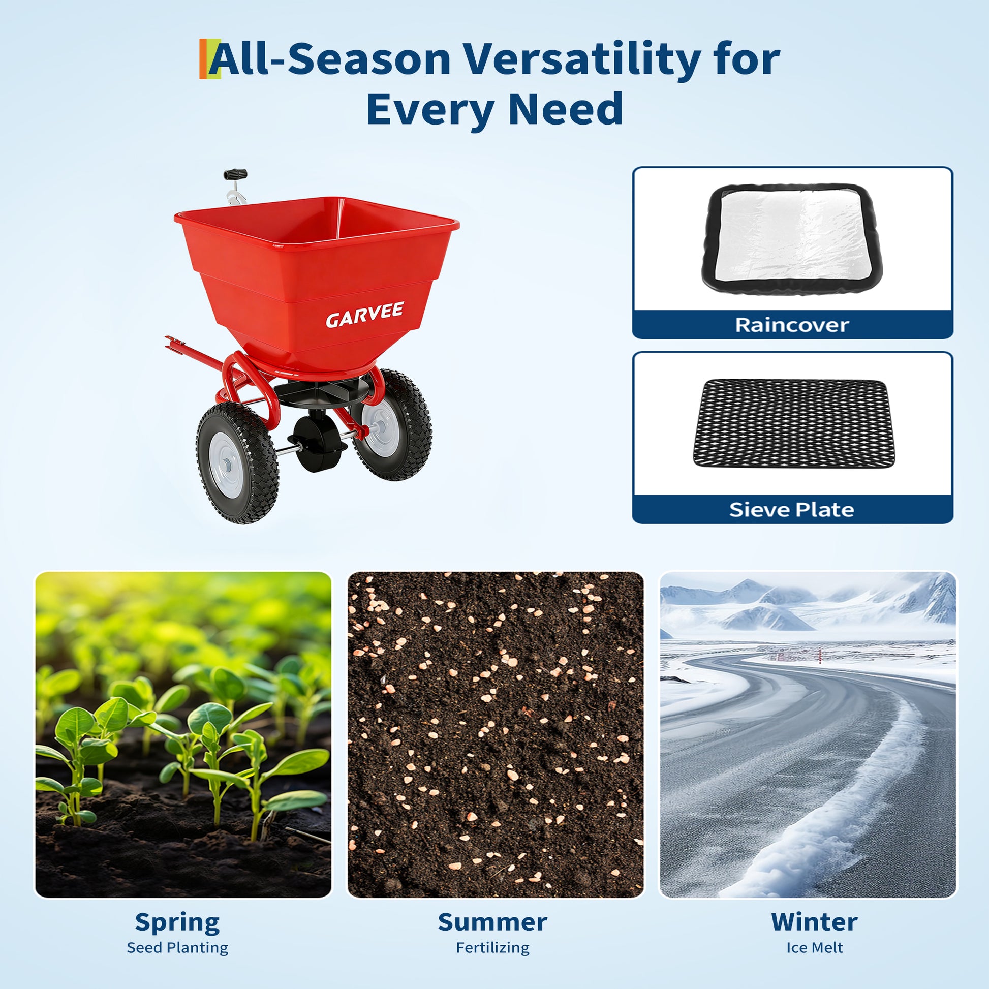 Garvee 130 lbs Tow Behind Broadcast Spreader, Adjustable Flow Control & Up to 10 ft Spread Width, 10" Pneumatic Tires, Rust-Resistant Poly Hopper, Steel Frame for Lawn, Seed, Fertilizer & Salt