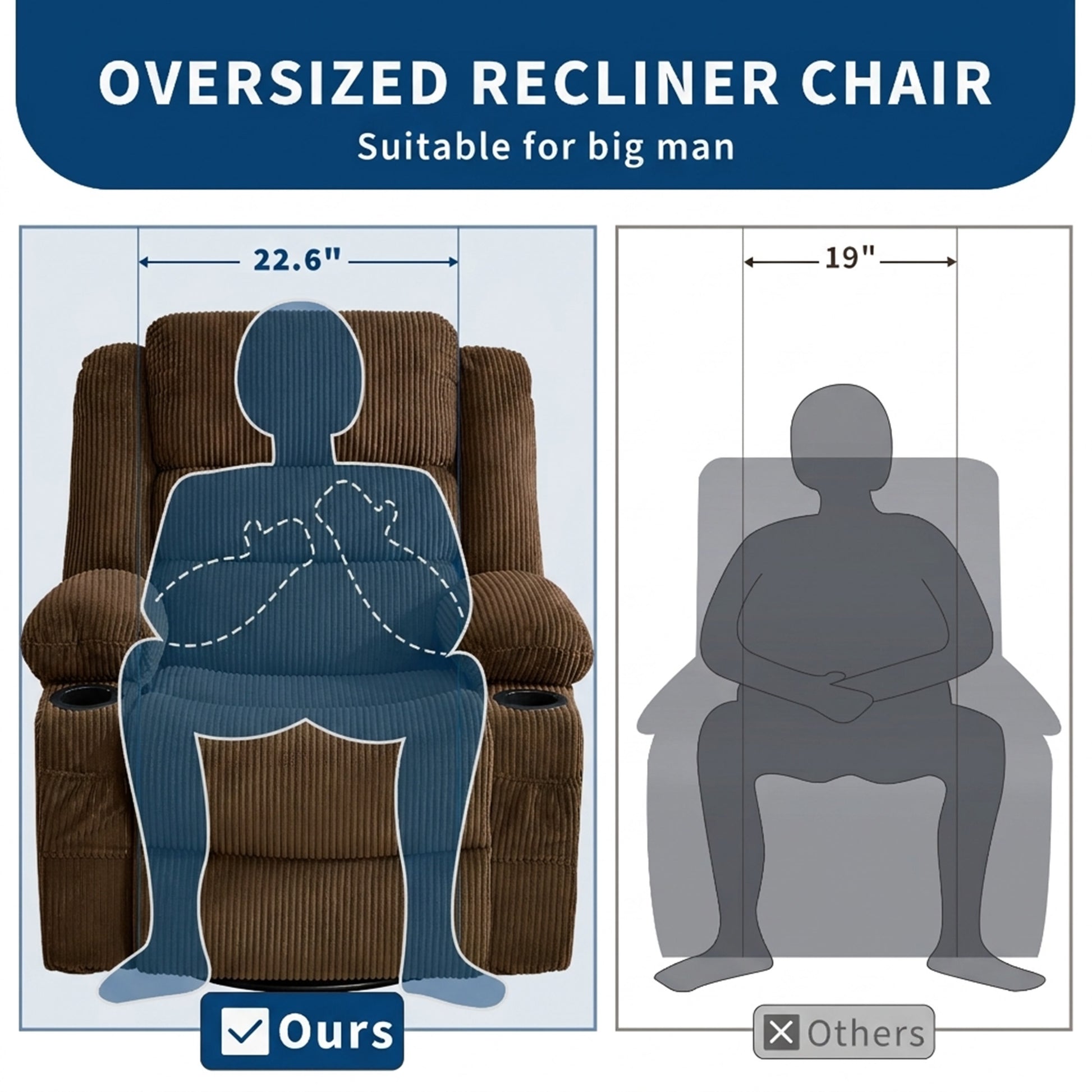 Garvee Rocking Recliner Chair for Adults, Wide 360° Swivel Rocker Recliner with Cup Holder Nursery Glider with Upholstered Deep Seat Corduroy Lazy boy Chair for Living Room, Brown