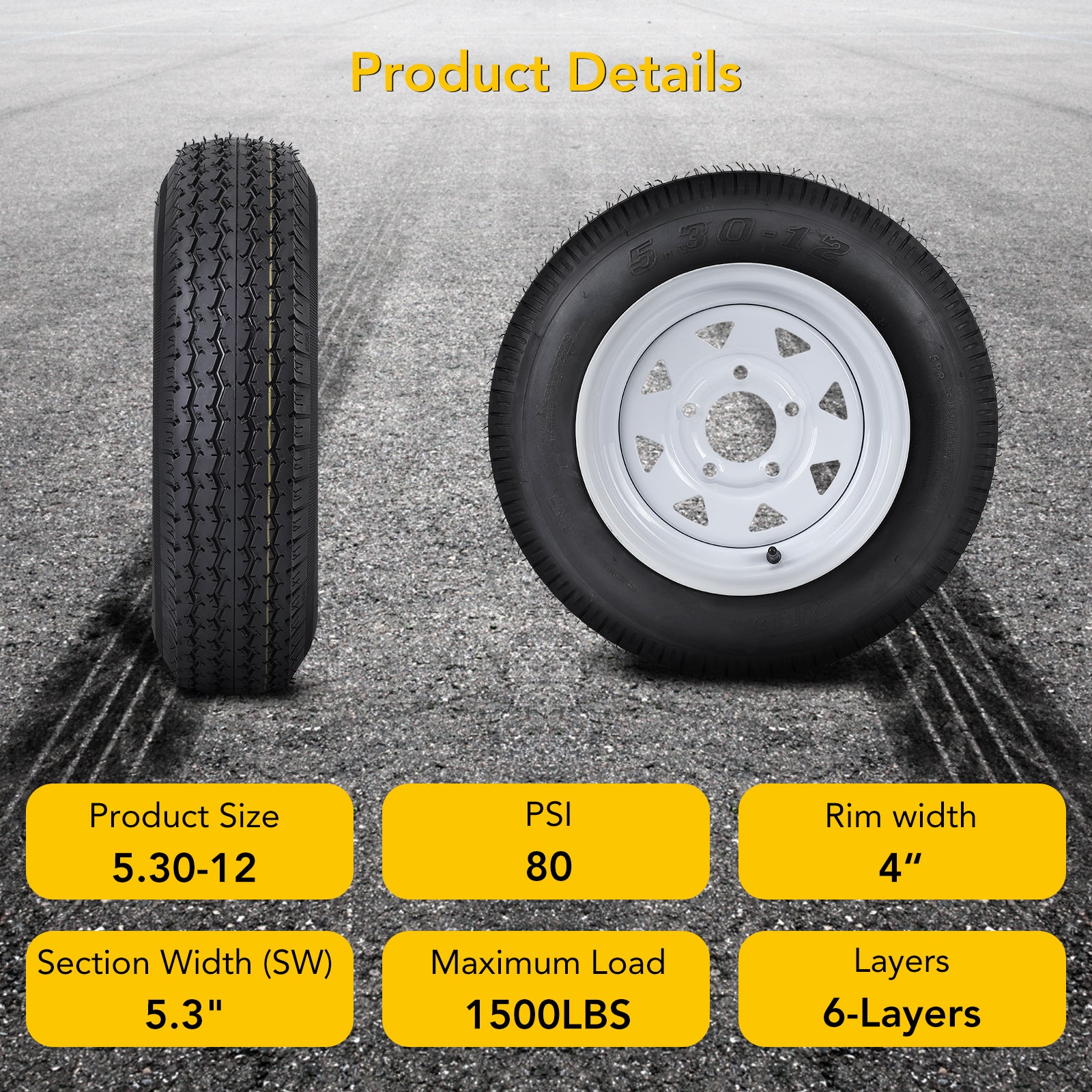 Garvee 2 Trailer Tires 5.30-12 with 12" Rims, 6PR, 5 Lug 4.5", Load Range C, Heavy Duty 6 Ply for Utility Cargo Boat Trailers, Black