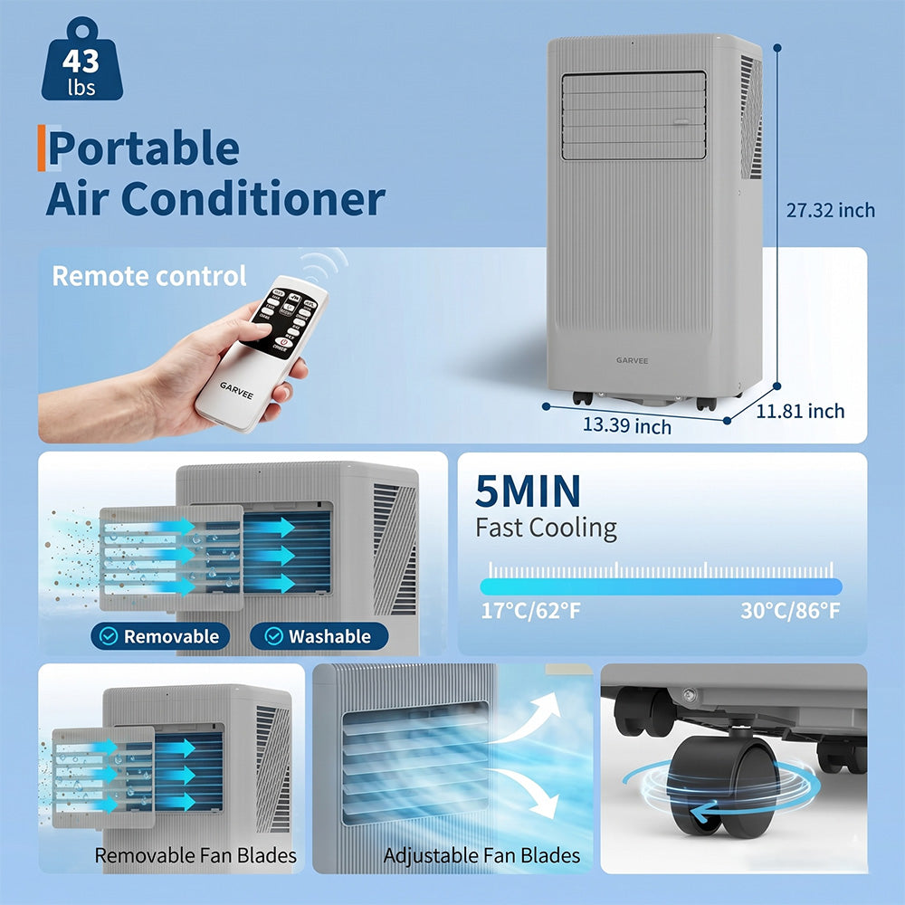 Garvee 8000 BTU Portable Air Conditioner with Cooling, Dehumidifier, Fan 3-IN-1 Indoor AC, Sleep Mode, 24H Timer, 2 Wind Speeds, Portable AC with Remote Control for Home Garage Offices