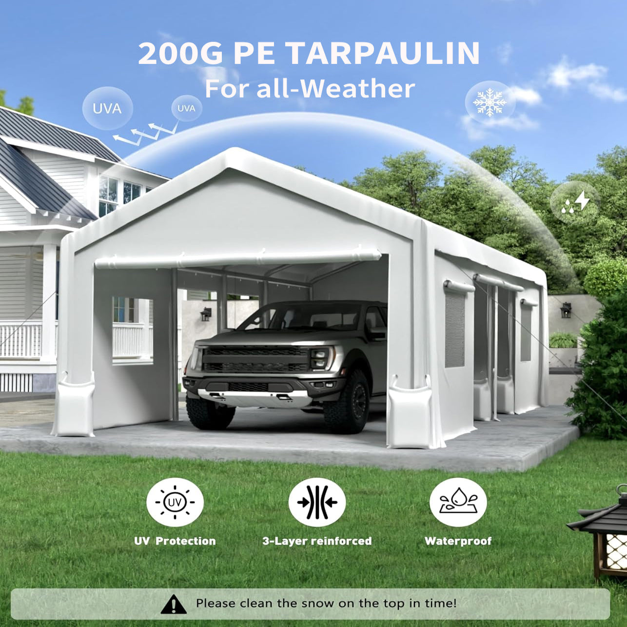 Garvee 13'x25' 200G Carport Top Replacement Cover , Heavy-Duty Garage Top Tent Shelter Tarp Waterproof & UV Protected (Top Cover Only, Frame Not Included), White