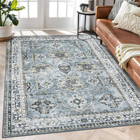Garvee Boho Blue 6x9 Washable Rug, Oriental Vintage Non Slip Soft Faux Wool Stain Resistant Carpet for Living Room, Bedroom, Office
