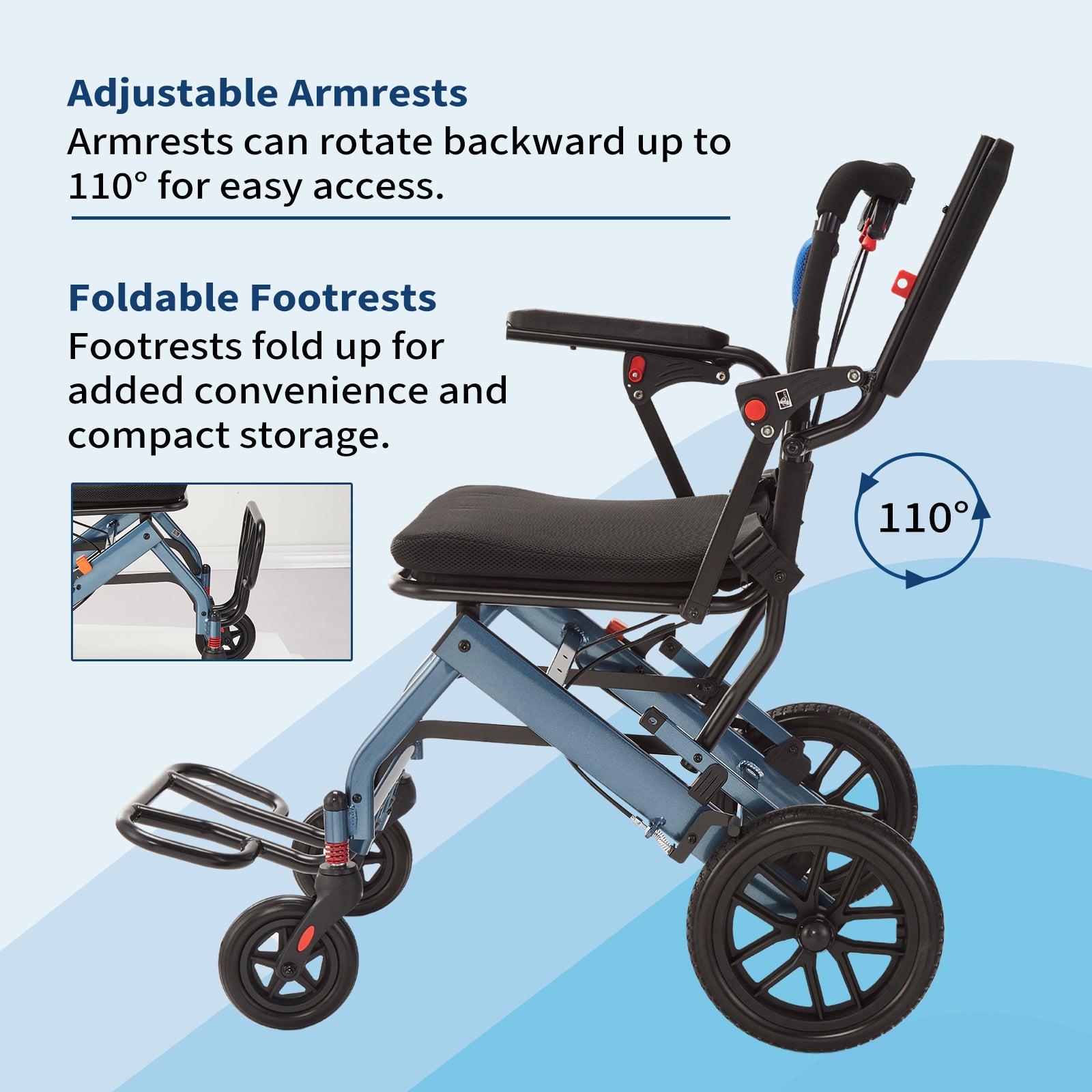 Garvee Portable Folding Wheelchair, Travel Wheelchair with handbrake, Ultra-Light Wheelchair for The Elderly and Children(16in Seat Width 8in PVC Rear Whee)