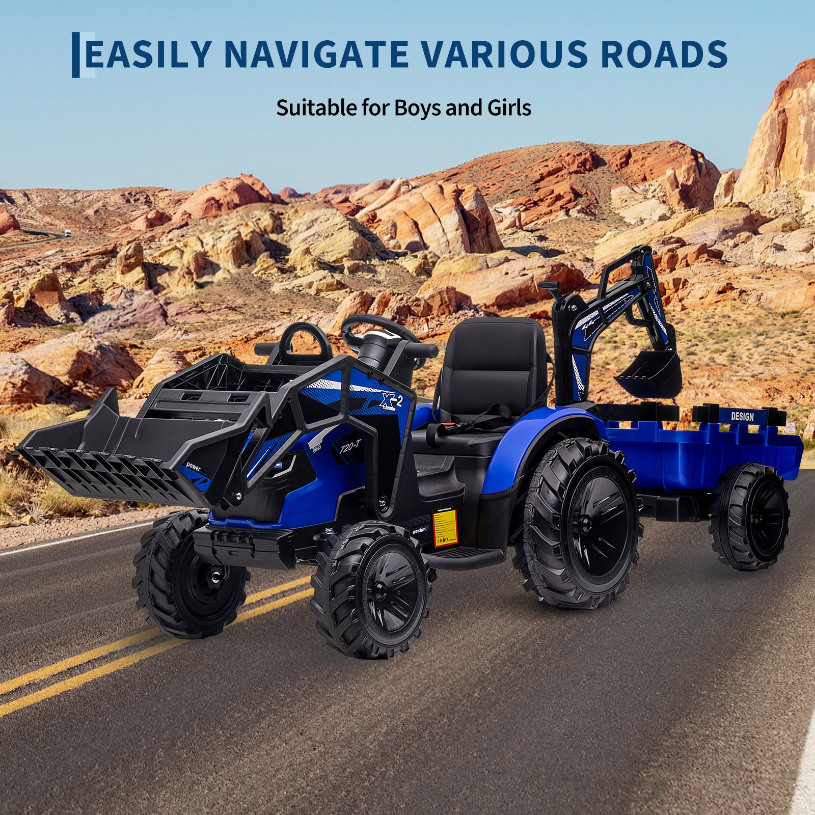 Garvee Ride P Series 3-in-1 Ride-On Tractor, 24V Electric, Excavator & Bulldozer, Remote Control, LED, Music, USB/Bluetooth max 66 lbs - Bright-blue