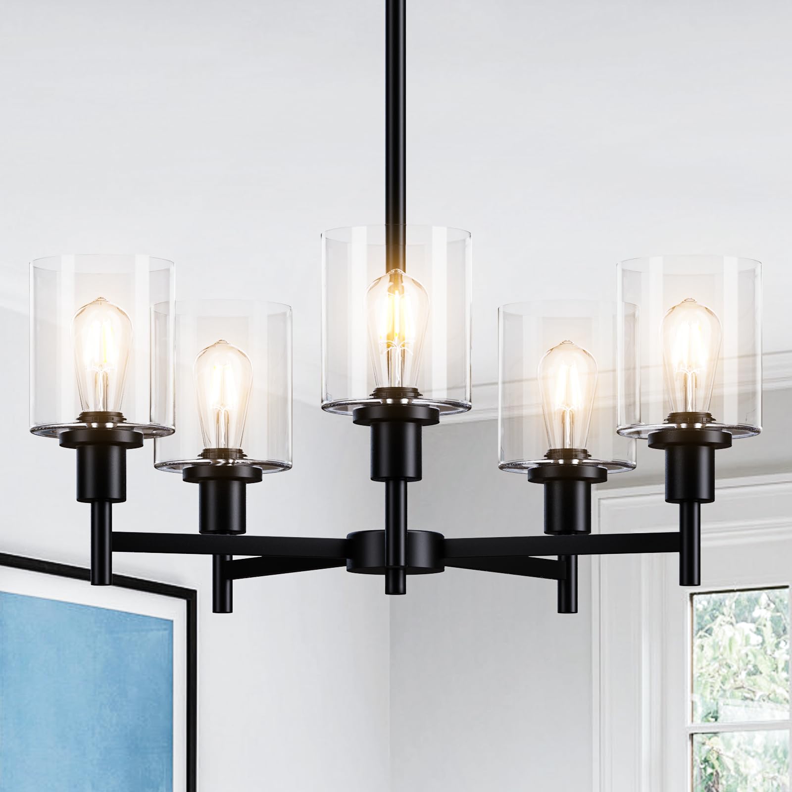 Garvee 5-Light Chandelier for Dining Room, Farmhouse Chandelier with Clear Glass, Height Adjustable Industrial Metal Hanging Fixture Pendant Ceiling Lighting for Foyer Living Room, Kitchen