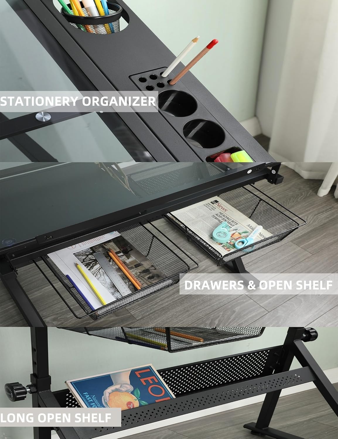 Garvee Drafting Table Adjustable Height Tilting Glass Top Steel Frame 2 Drawers Stool Black Home Office Art Craft