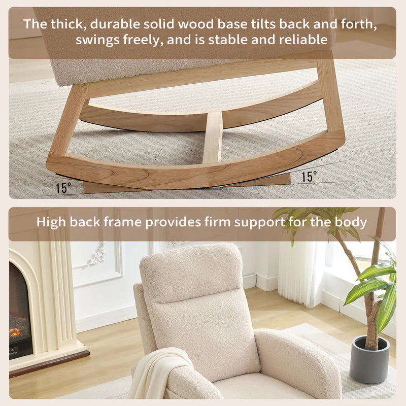 Garvee Nursery Wingback Rocking Glider Chair, Upholstered Accent Rocker Chair, Tall Back Arm Chair with Pockets, Rubber Wood Legs and Side Pocket for Living Room, Beige