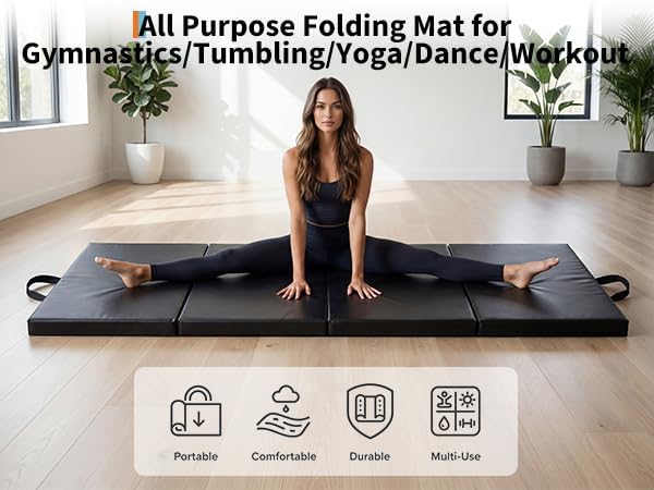 Garvee 6' x 3' x 2" Folding Gymnastics Mat — Tri‑Fold, High‑Density EPE Foam, Waterproof PVC Cover, Carry Handles & Compact Storage (Home Gym / Yoga / Tumbling)