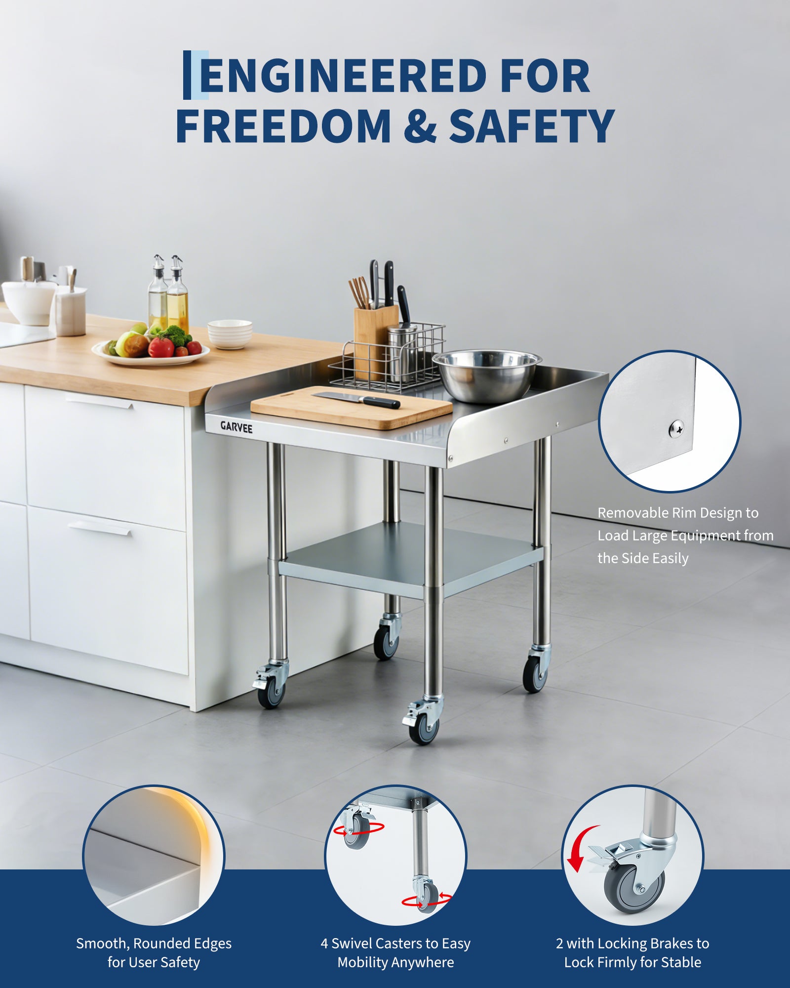 Garvee Stainless Steel Work Table, 24x24x26 Inch Commercial Food Prep Worktable with Wheels, Detachable 3-Sided Backsplash & Height-Adjustable Shelf, Heavy Duty Workbench for Kitchen Restaurant Garage