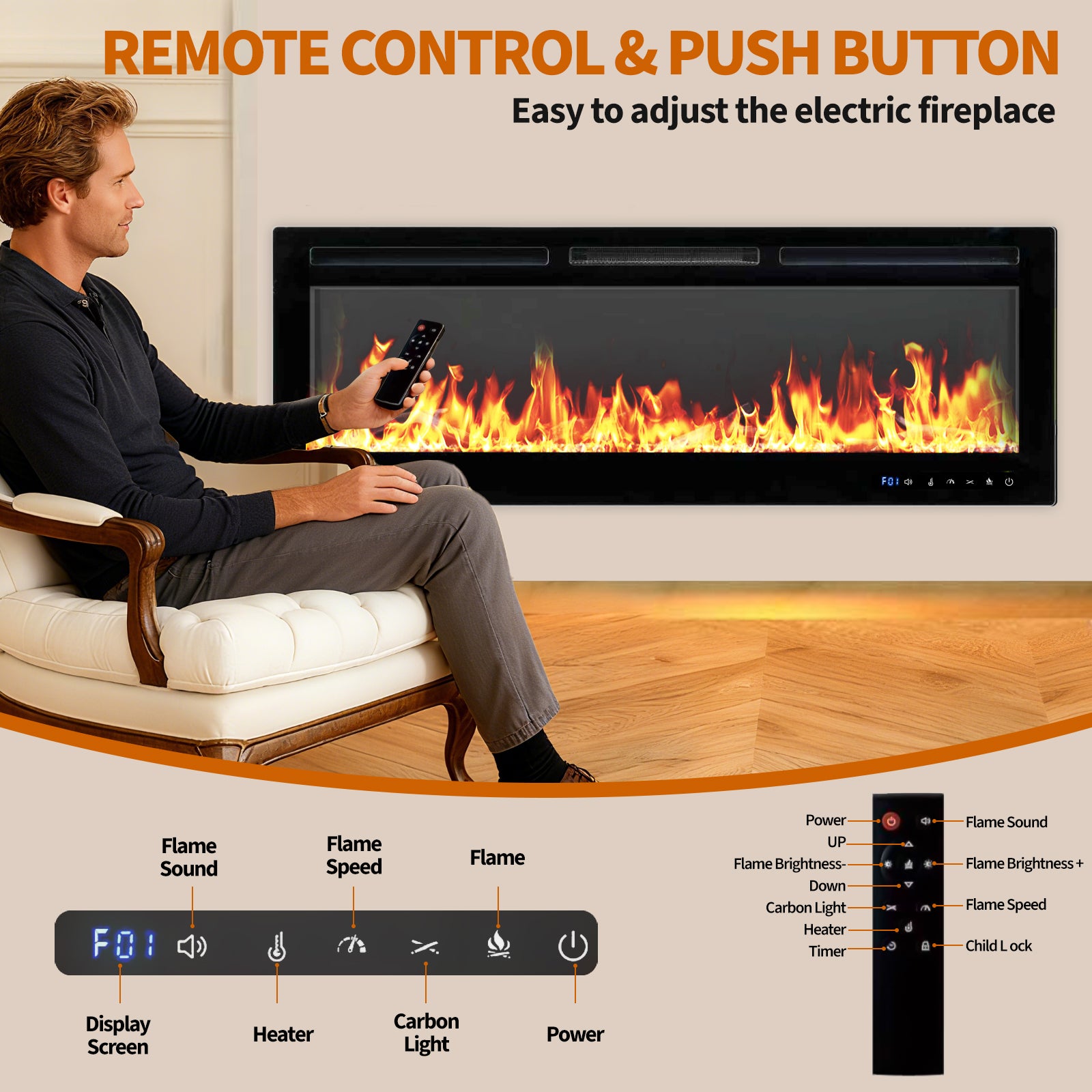 Garvee 80 Inch Recessed and Wall Mounted Electric Fireplace Insert, 750W/1500W Dual-Mode Heater with WiFi and Remote Control, 12 Flame Colors and 12 LED Bed Colors, Touch Screen, Black