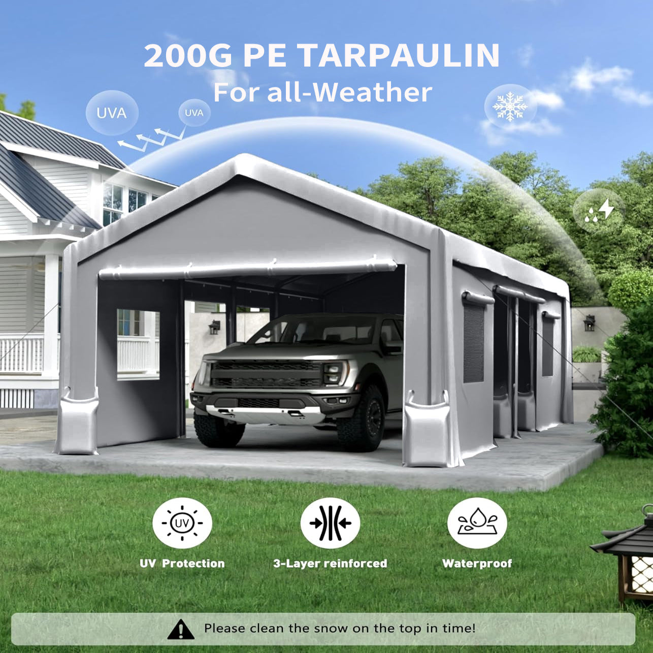 Garvee 13'x25' 200G Heavy-Duty Carport Replacement Cover - Waterproof & UV Protected Garage Tent Top Tarp (Frame Not Included), Grey
