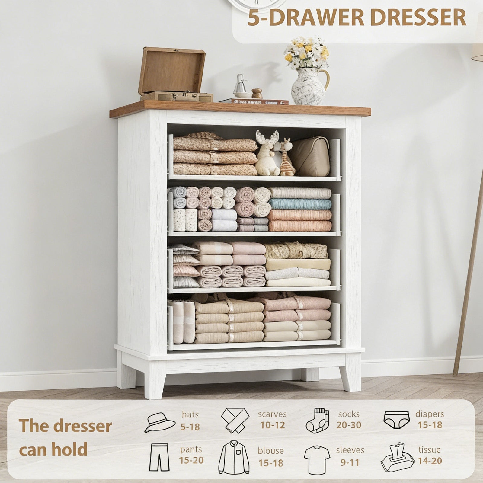 Garvee 4 Drawers Dresser for Bedroom, 34.8" Tall Vertical Drawer Dresser with Large Storage, Waterproof Top, Anti-Tipping, Freestanding Wooden Closet Chest for Bedroom, Living Room, White + Brown Top