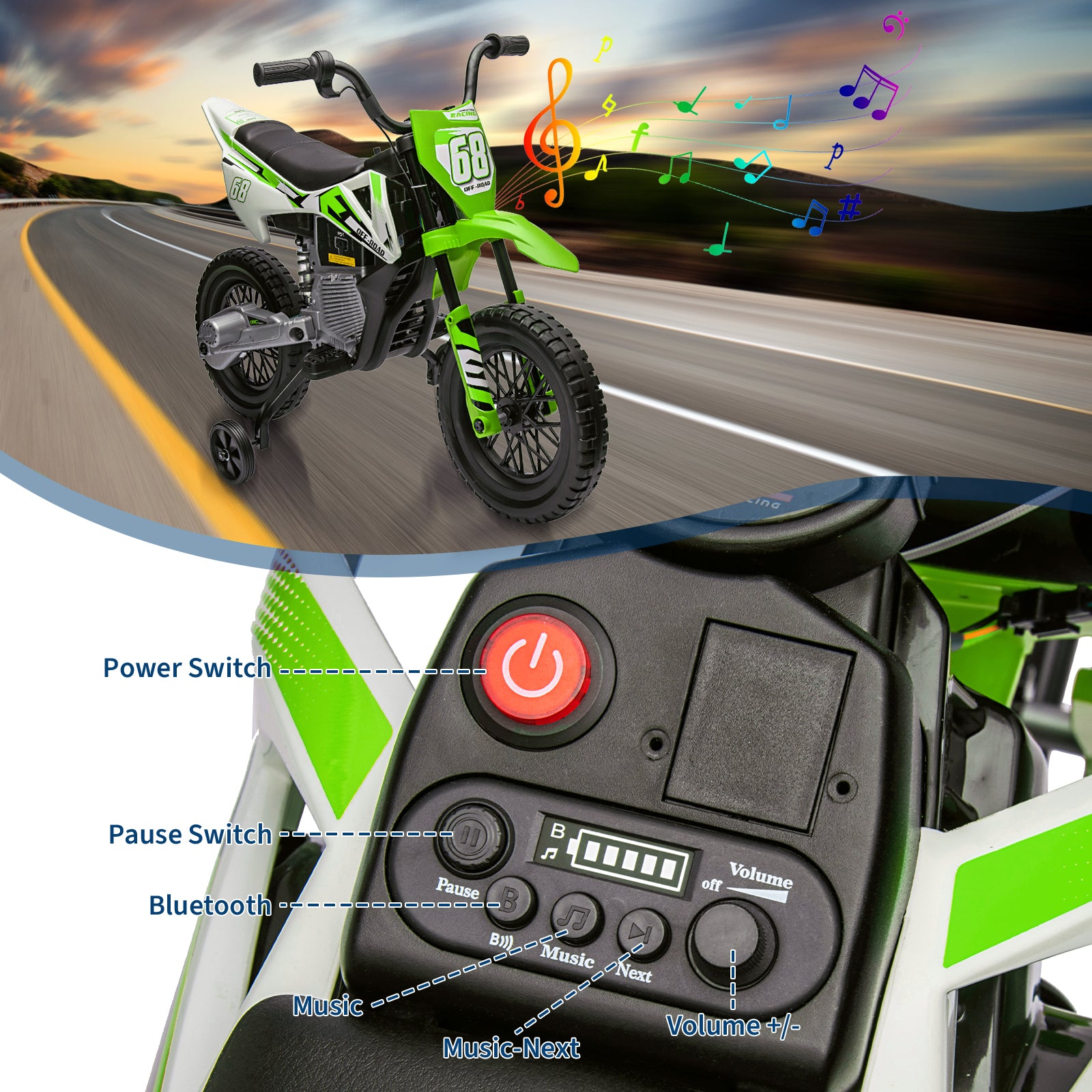 Garvee Ride - P Series: 12V Kids Electric Dirt Bike, 25W*2 Motor, Twist Grip Throttle, Spring Suspension, Training Wheels, Ride-On Toy - Green
