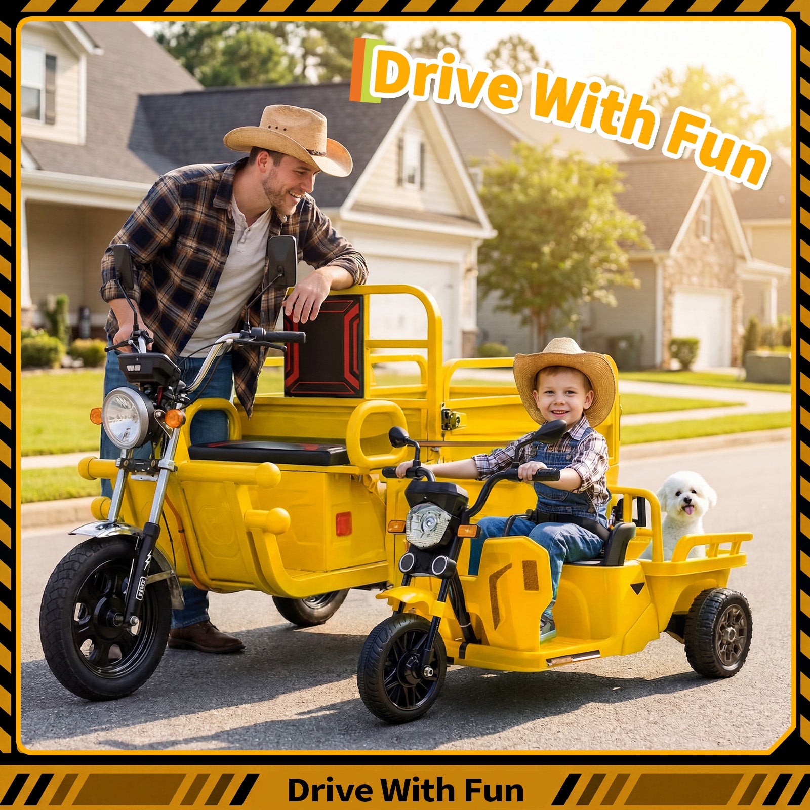 Garvee Ride P Series 3-Wheels Electric Tricycle w/Trailer, 12V Battery Powered Kids Motorcycle with Sand Shovel, 2x55W Motors, Bluetooth, Music, Headlight, Ride on Motorcycle for Kids Toddlers, Gift for Boys Girls, Yellow