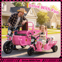 Garvee Ride P Series 3-Wheels Electric Tricycle w/Trailer, 12V Battery Powered Kids Motorcycle with Sand Shovel, 2x55W Motors, Bluetooth, Music, Headlight, Ride on Motorcycle for Kids Toddlers, Gift for Boys Girls, Pink