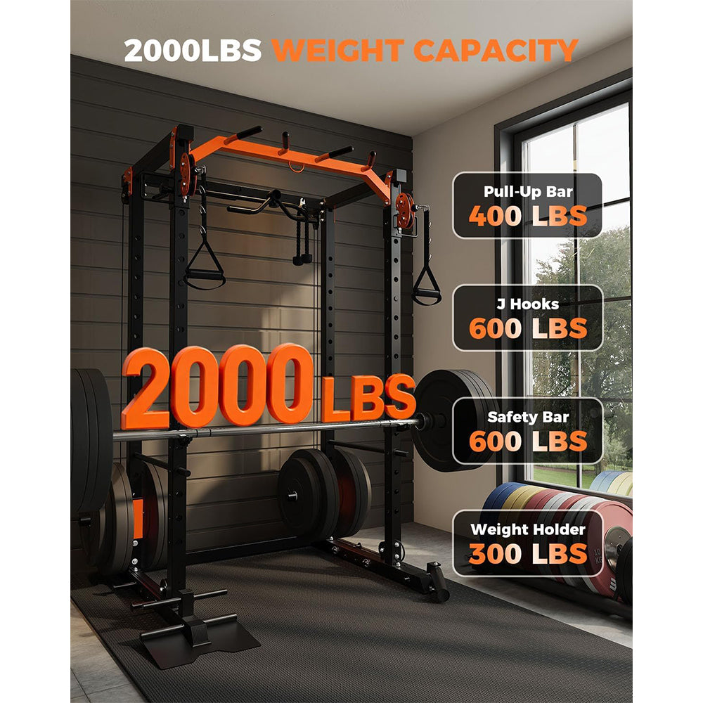 Garvee Power Cage Power Rack with Dual Pulley System Multi-Function Squat Rack with Cable Crossover for Home Gym Black