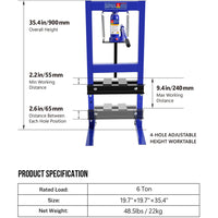 Garvee 6-Ton Hydraulic H-Frame Shop Press - 4-Hole Adjustable Height Table with Movable Plates for Garage and Professional Use, Blue