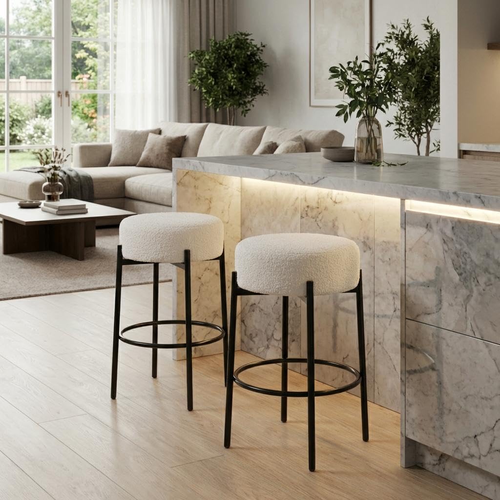 Garvee Set of 2 Modern Sherpa Upholstered Bar Stools with Metal Legs and Footrest for Kitchen Island, Dining Room, White