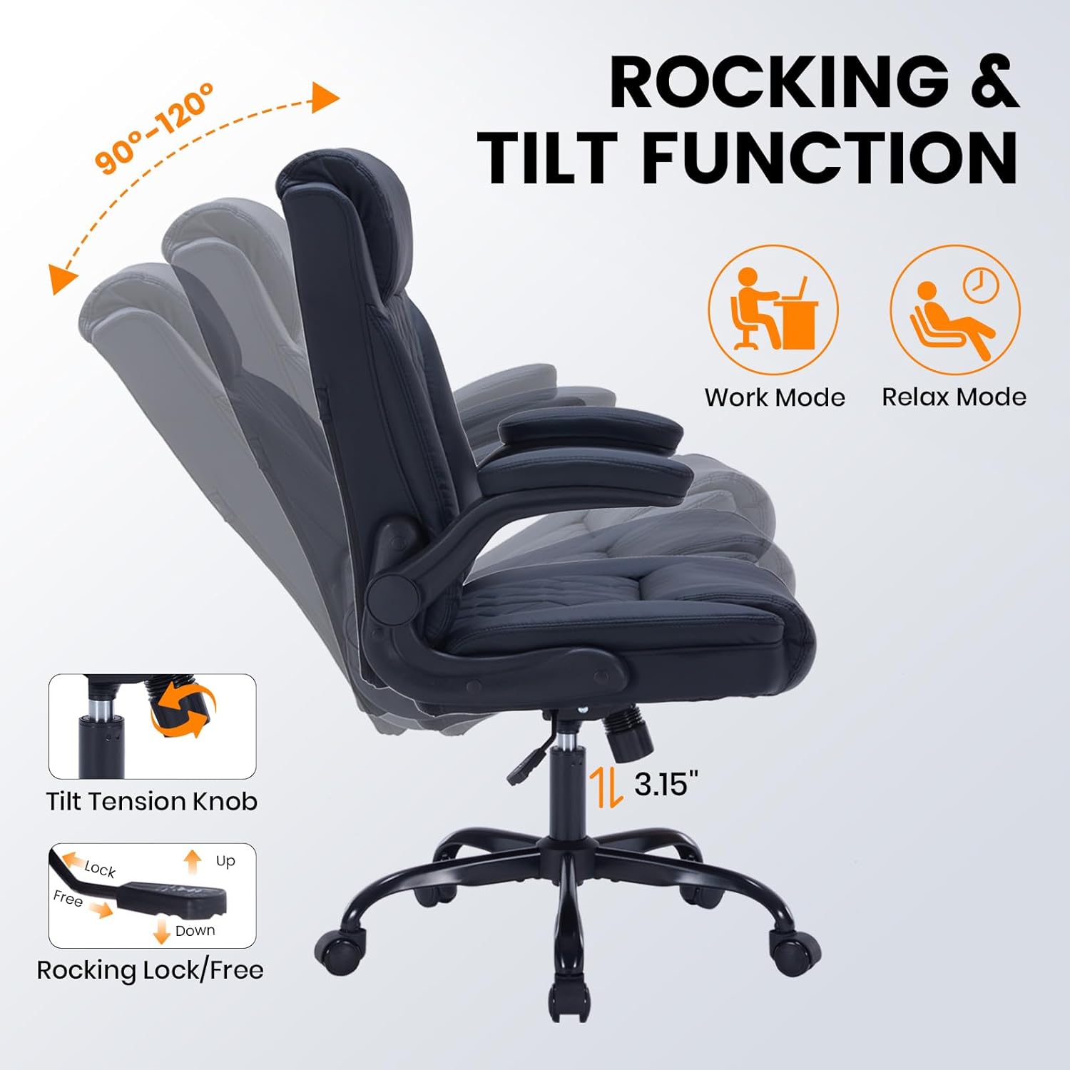 Garvee PU Leather Executive Office Desk Chair, 350lbs Capacity Computer Desk Chair with Padded Flip-Up Arms, Tilt Lock & 360° Swivel Free Wheels, Ergonomic Office Chair for Heavy People, Black