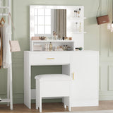 Garvee Vanity Desk, Makeup Vanity Desk with Mirror & Lights-3 Lighting Modes, Large Drawers and Three Level Storage & Tiers of Open Shelves for Bedroom, White - White