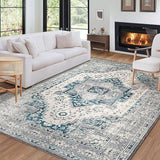 Garvee Washable Floral 8x10 Area Rug Boho Vintage Design Faux Wool Non-Slip Backing for Living Room, Bedroom, Kitchen - Gray Blue
