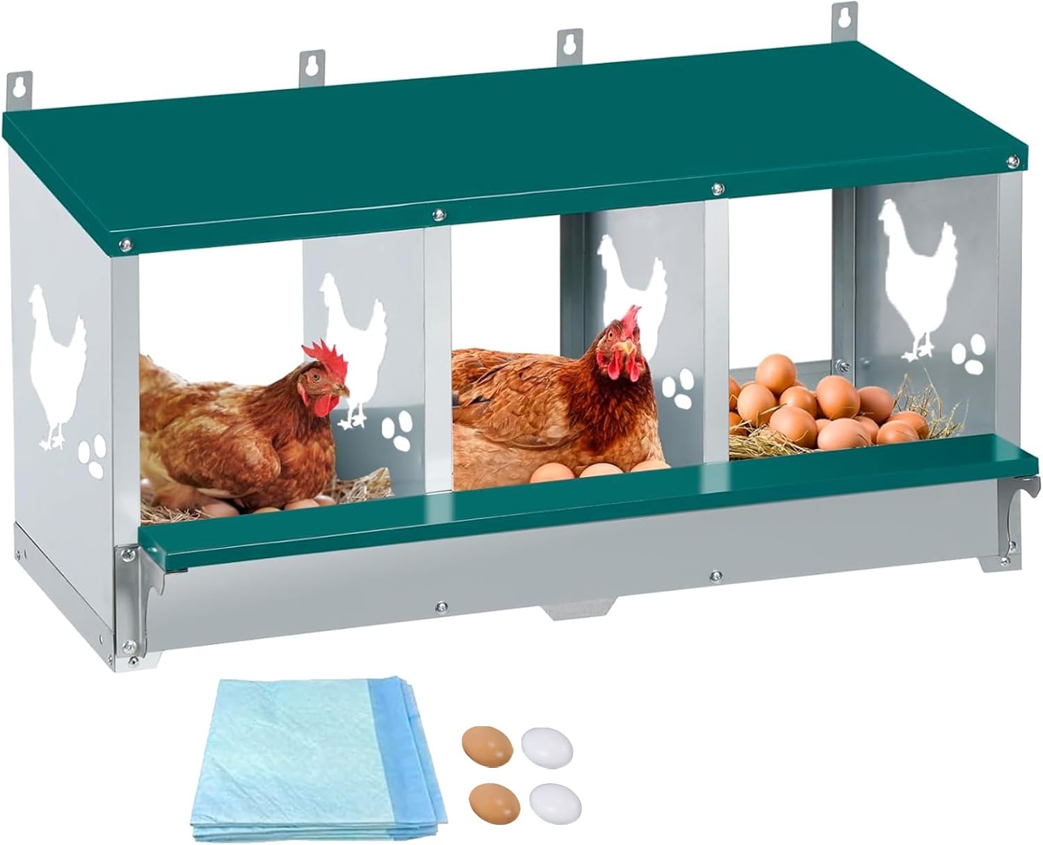 Garvee 3-Compartment Galvanized Metal Chicken Nesting Box – Wall Mounted or Freestanding Laying System for Hens, Chickens, or Ducks – 10 Dampness Pads, 4 Fake Eggs, Perch, Lid Cover – Ventilated & Weatherproof – 3-compartment basic model