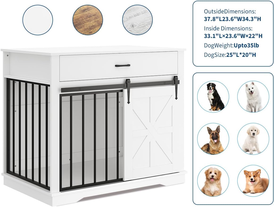 Garvee 37.8"W Dog Crate Furniture for Small/Medium Dogs, 2-in-1 Iron-Wood Fusion Dog Cage Indoor As Side End Table, Farmhouse Dogs Kennel with Sliding Barn Doors & Storage Drawer, White