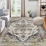Garvee Grey Area Rug 8x10 Floral Oriental Printed Large Floor Cover Machine Washable Rugs Non-Shedding Floor Mat Soft Blue Living Rug for Bedroom Children's Playroom Rug with Non-Slip Backing - Gray