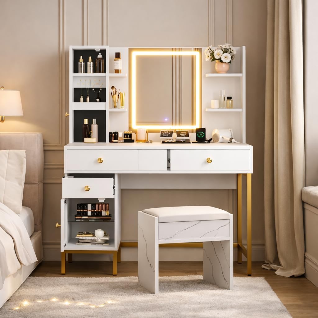 Garvee Vanity Desk with Light & Mirror, Vanity Table with Charging Station & Cabinet