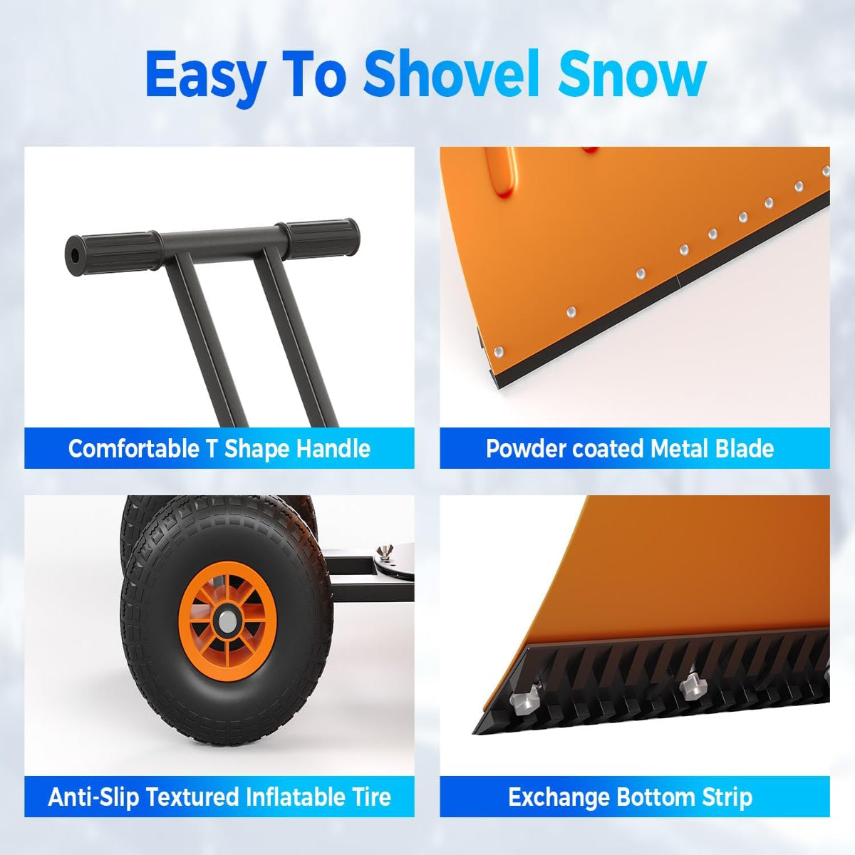 Garvee 29"W X 19"H Snow Pusher Shovel with Wheels - Heavy Duty Steel, 5-Position Adjustable Blade, Ergonomic Handle, Anti-Skid Wheels, Powder-Coated, Orange, for Driveway & Sidewalk