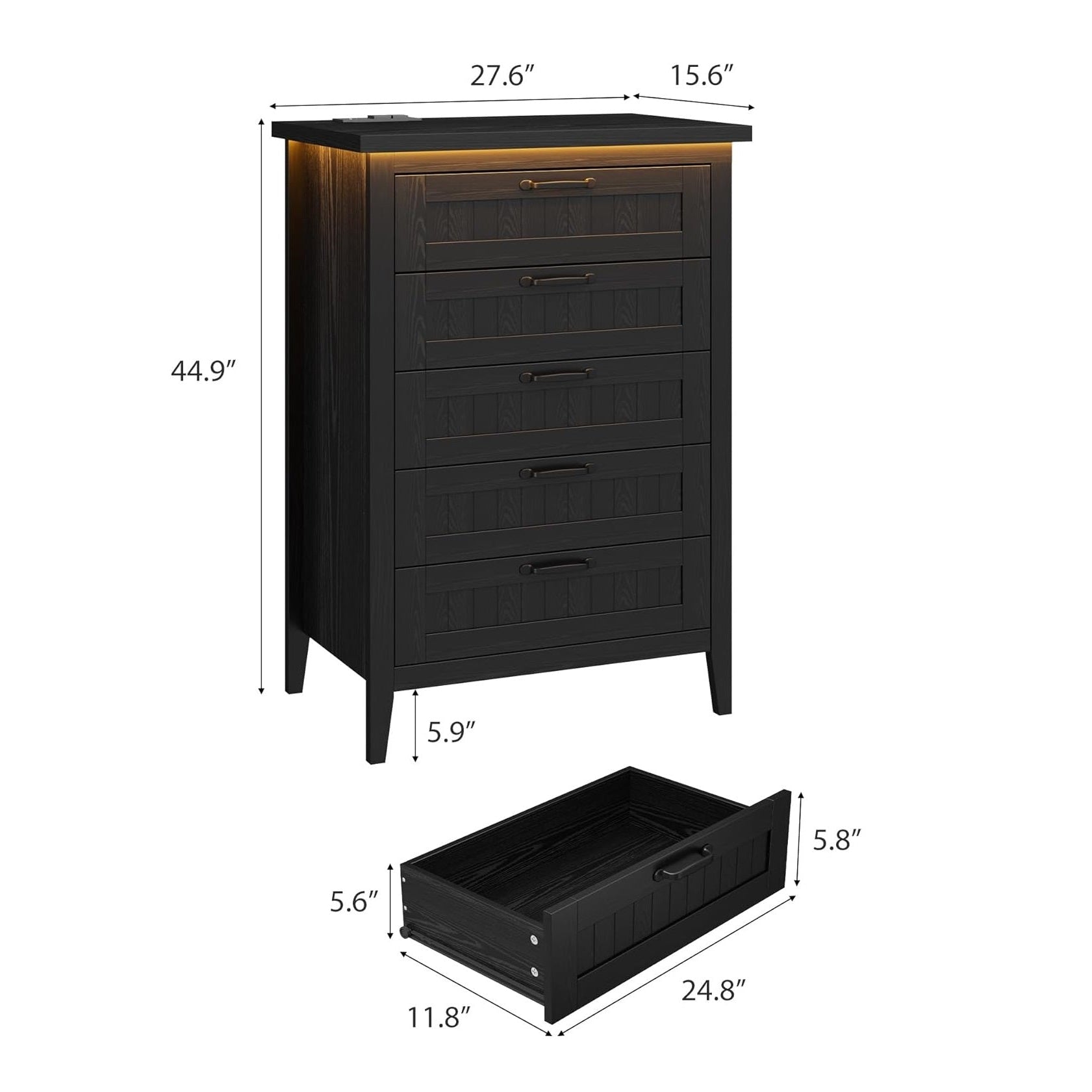 Garvee 5 Drawer Dresser for Bedroom with Charging Station and LED Lights, Farmhouse 44.9" Tall Chest of Dresser with Large Storage for Living Room, Hallway & Entryway, Black