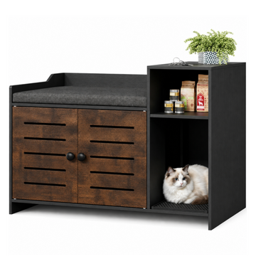 Garvee Cat Litter Box Enclosure, Hidden Litter Box Furniture with Litter Mat & Storage Shelf, Farmhouse Indoor Cat House Cabinet for Hallway, Bedroom, Black