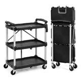 Garvee Collapsible Utility Cart, 3-Tier Foldable Service Cart with 360° Swivel Wheels, Ergonomic Handle, Heavy Duty Portable Rolling Tool Cart for Garage, Warehouse, Office, Black - black