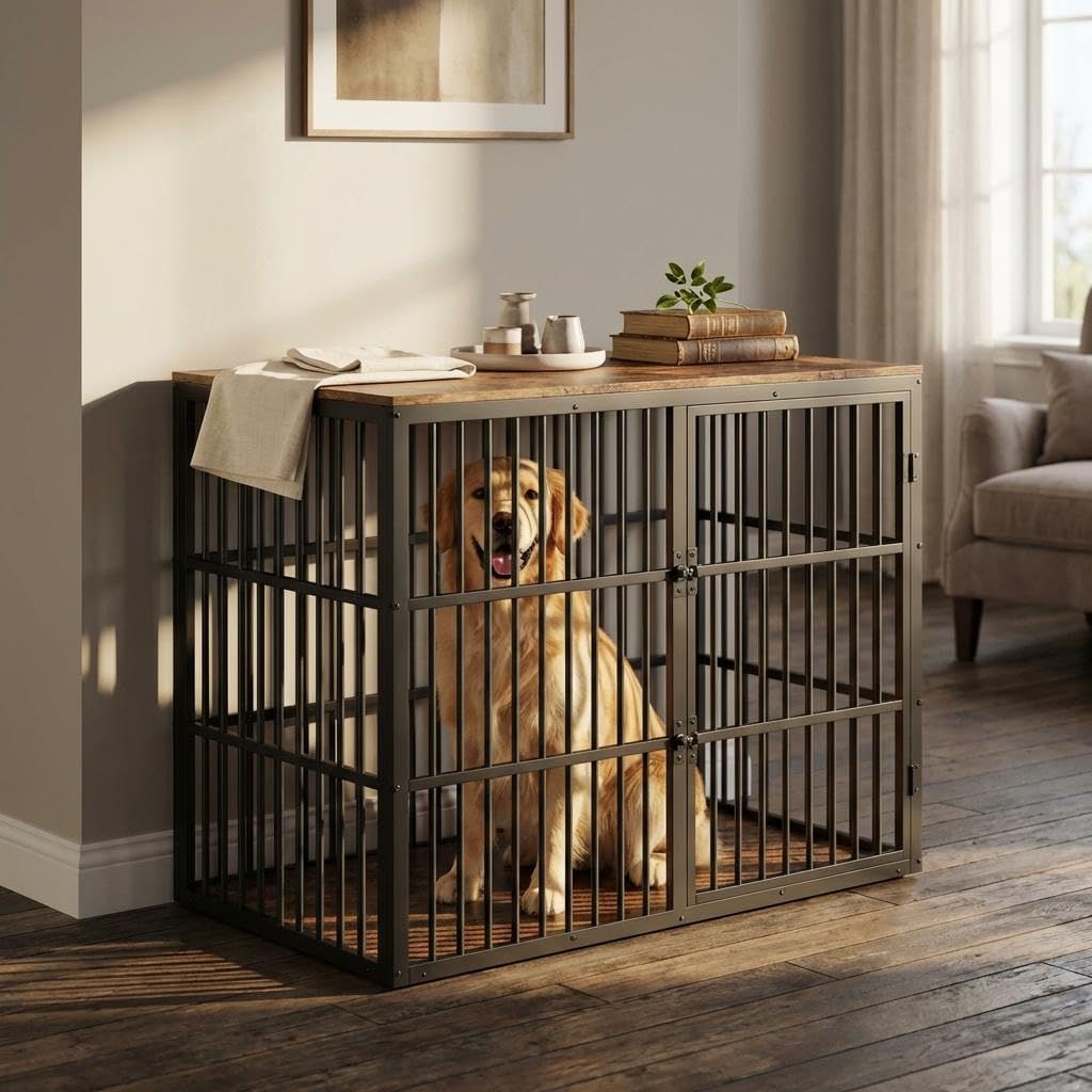 Garvee 47" Dog Crate Furniture, 3-In-1 Wooden Dog Kennel with 3 Lockable Doors, Heavy Duty Metal Frame & Sturdy Panels, Large End Table for Medium to Large Breeds, Brown & Black