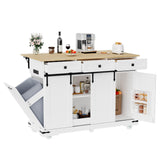 Garvee Rolling Large Kitchen Island Cart with Power Outlet, 3 Drawers, Drop Leaf, Trash Can Storage, Mobile Table, White, 54 Inches - White
