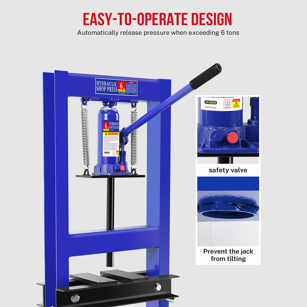 Garvee 6-Ton Hydraulic H-Frame Shop Press - 4-Hole Adjustable Height Table with Movable Plates for Garage and Professional Use, Blue
