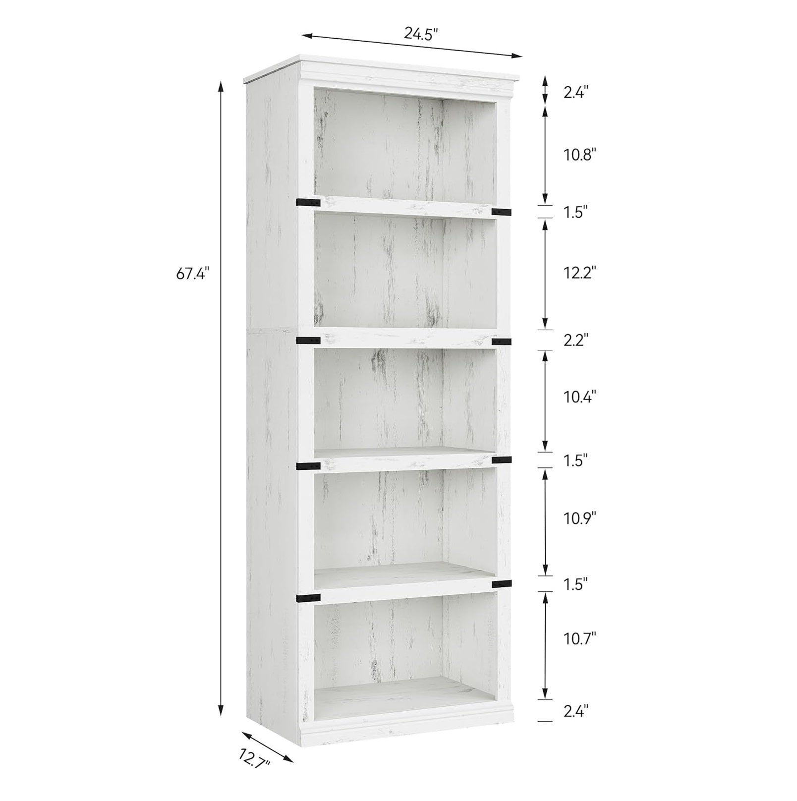 Garvee Farmhouse Bookcase 5 Tiers Tall Wooden 67.4" with Storage, Colonial Molding, MDF Boards, Iron Angle Design, Home Office, Living Room, White