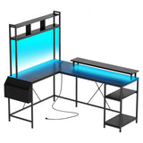 Garvee L Shaped Computer Gaming Desk with LED Lights & Power Outlets, 67" Reversible Large L-Shaped Desk with Monitor Stand & Storage Shelves (Black) - Black Willow