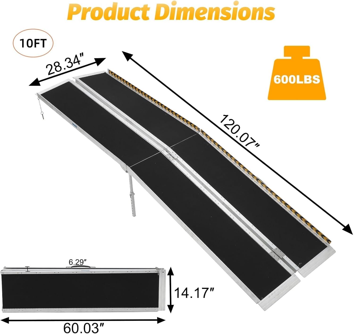 Garvee 10FT Portable Aluminum Wheelchair Ramp for Steps, Non-Skid Surface, Reflective Strips, Foldable, 600 Lbs Capacity, Home and Travel Use