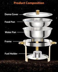 Garvee Durable Gold Stainless Steel Chafing Dish Set – 4 Pack 5QT Round Commercial Buffet Food Warmer with Lid Holder, Spoon & Tweezers – High-quality Catering Equipment for Events, Parties, Weddings – Easy to Clean – Specs: 2x2